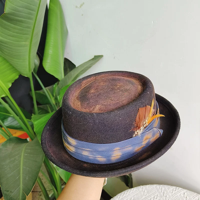 Französischer Schweinefleisch-Pie-Hut für Herren, Vintage-Fedora-Hut für Damen, türkisfarbener Fedora-Hut mit flachem Schirm, Filzhüte, Panama-Hut, Hut für Herren und Damen, Kirchen- und Jazz-Hut. – Detail 5