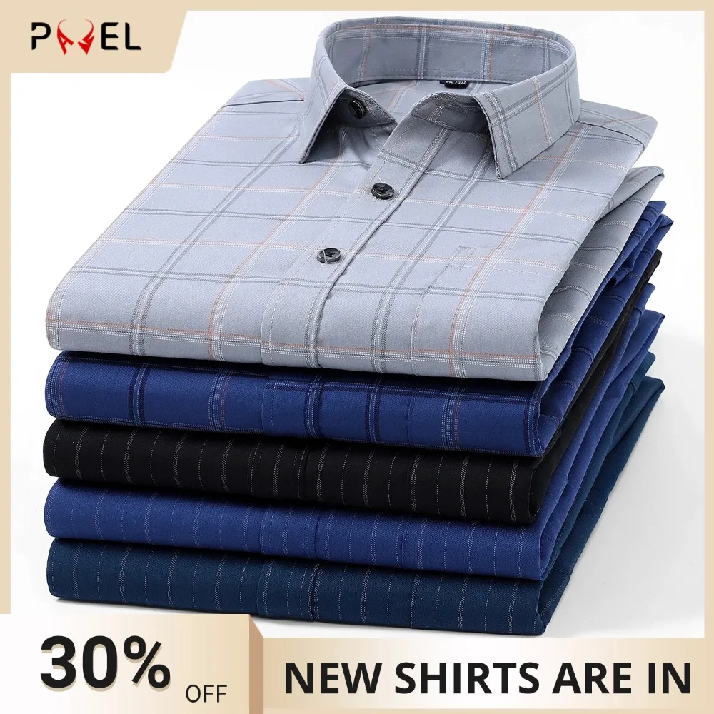 

Men's Classic Square Collar Plaid & Striped Button-Up Shirts with Pocket Stretchy Untucked Business Casual Menswear Clothing