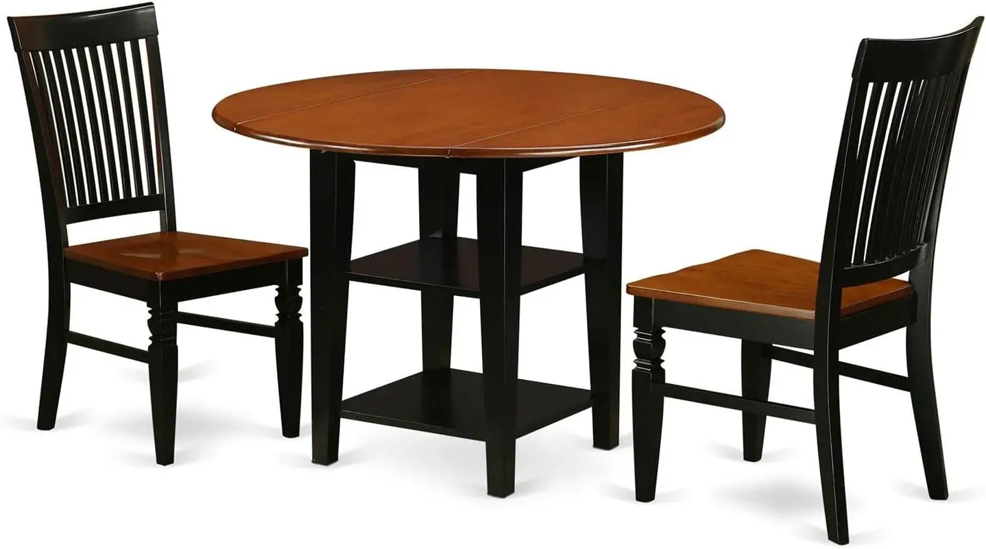 Suwe3-Bch-W 3 Piece Dining Room Furniture Set Contains A Round Kitchen Table With Dropleaf & Shelves And 2 Dining Chairs, 42X42