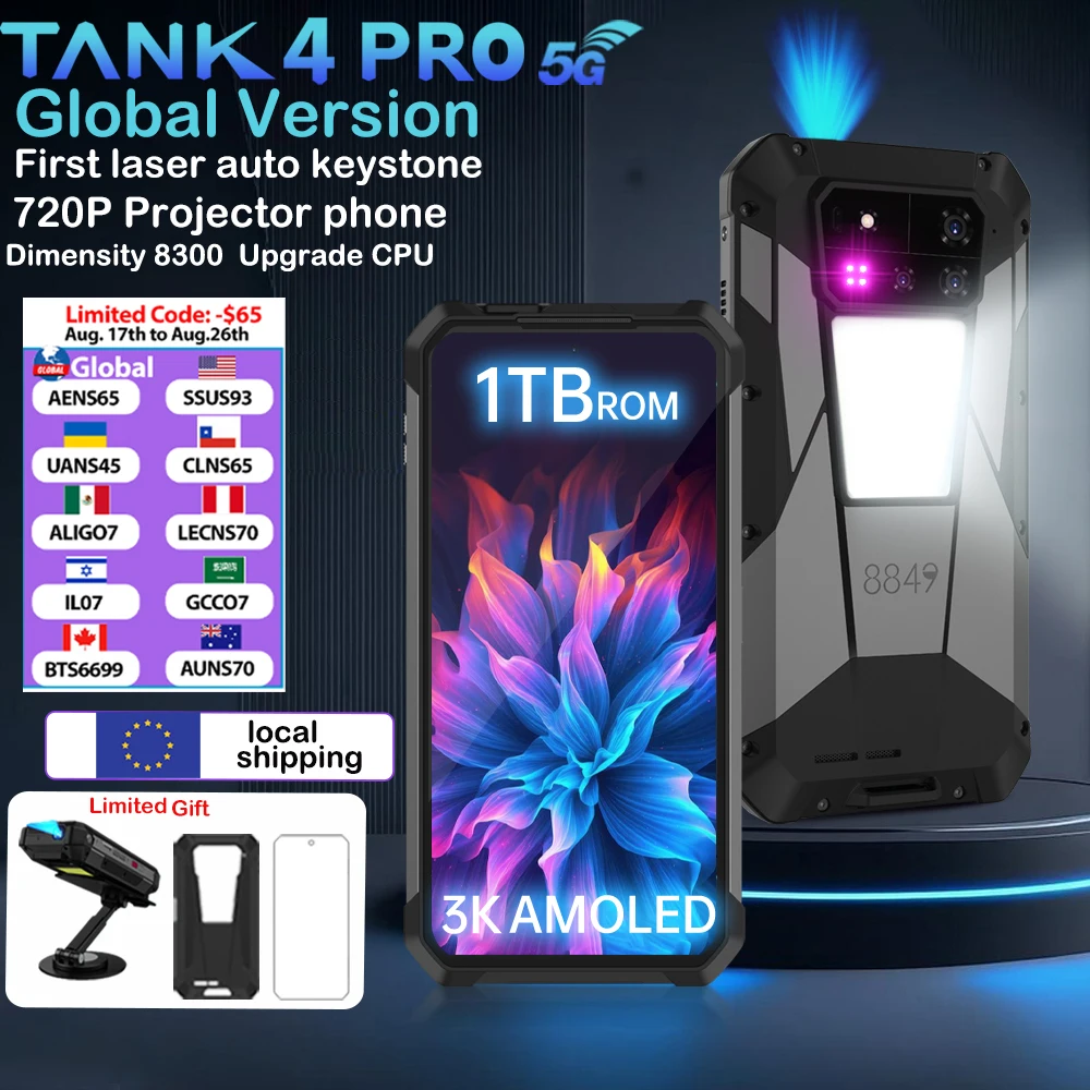 8849 Tank 4 Pro Unihertz 5G Robustes Projektor-Smartphone 36G 1TB Android 14 Sport-Handy 11600mAh Dimensity8300 AMOLED 120HZ