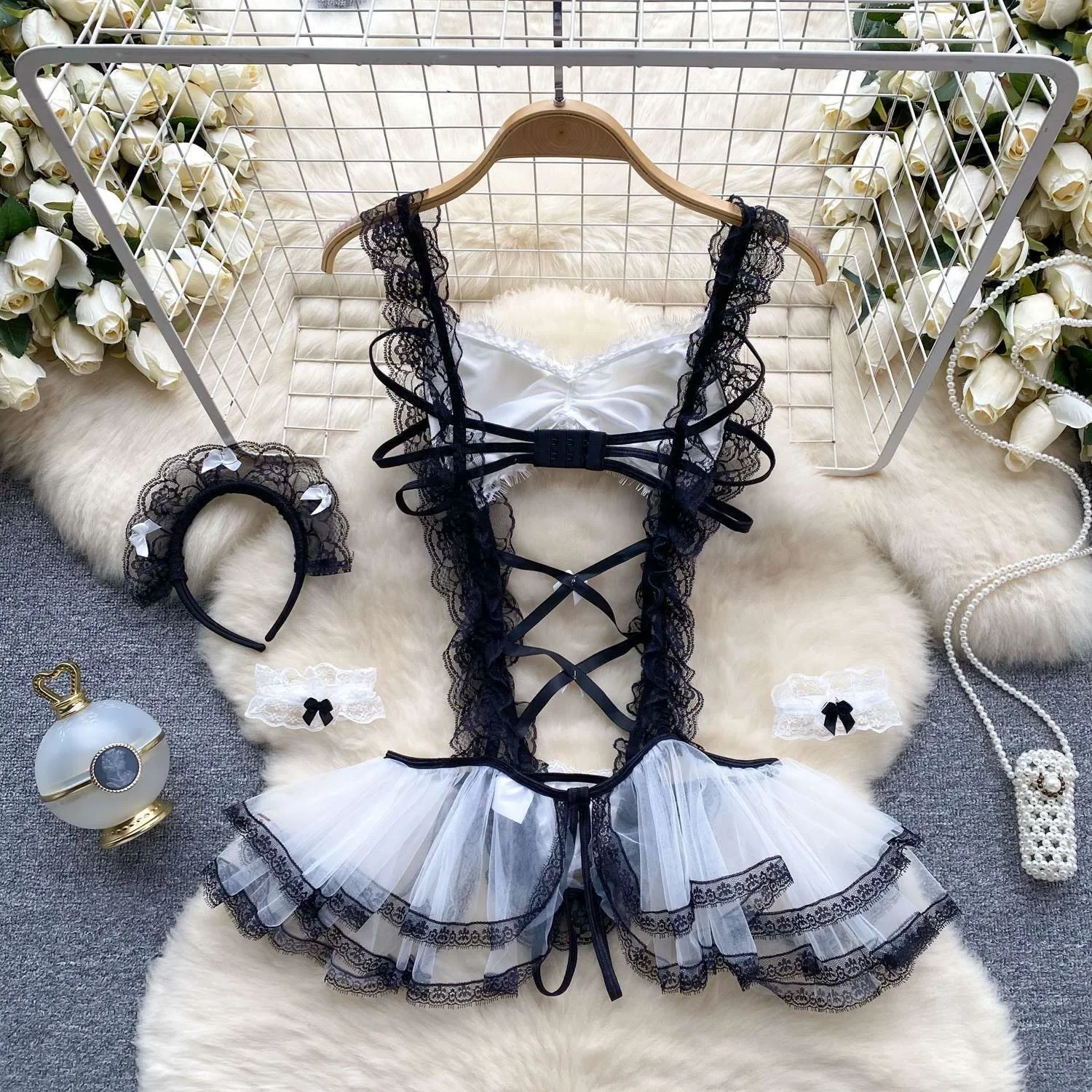 New Sexy Howllow Out Lace Jumpsuit Maid Outfit Maid Dress Cosplay HotSweet Classic Apron Maid Costume with Headwear Bodysuit