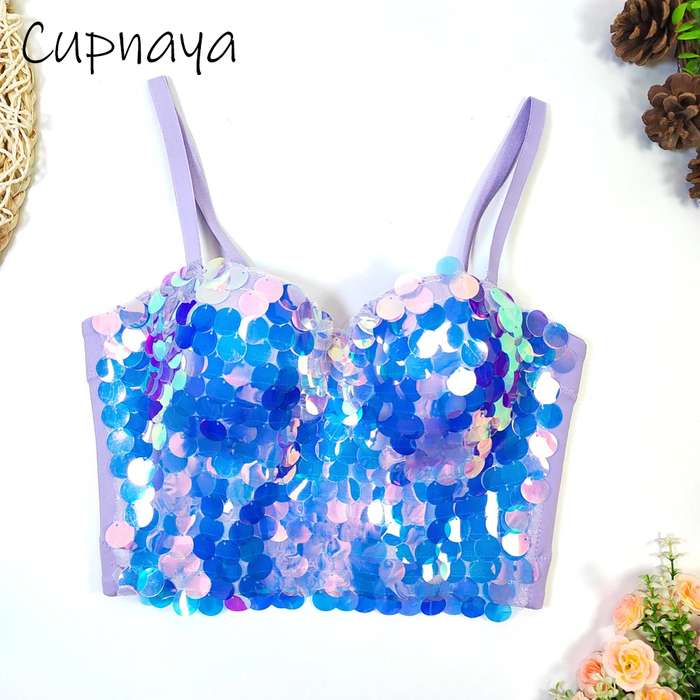 

Cupnaya Women Sparkle Sequins Crop Top Party Night Club DJ Dancer Summer Sexy Hot Short Bustier Wrap Bralette Removable Strap