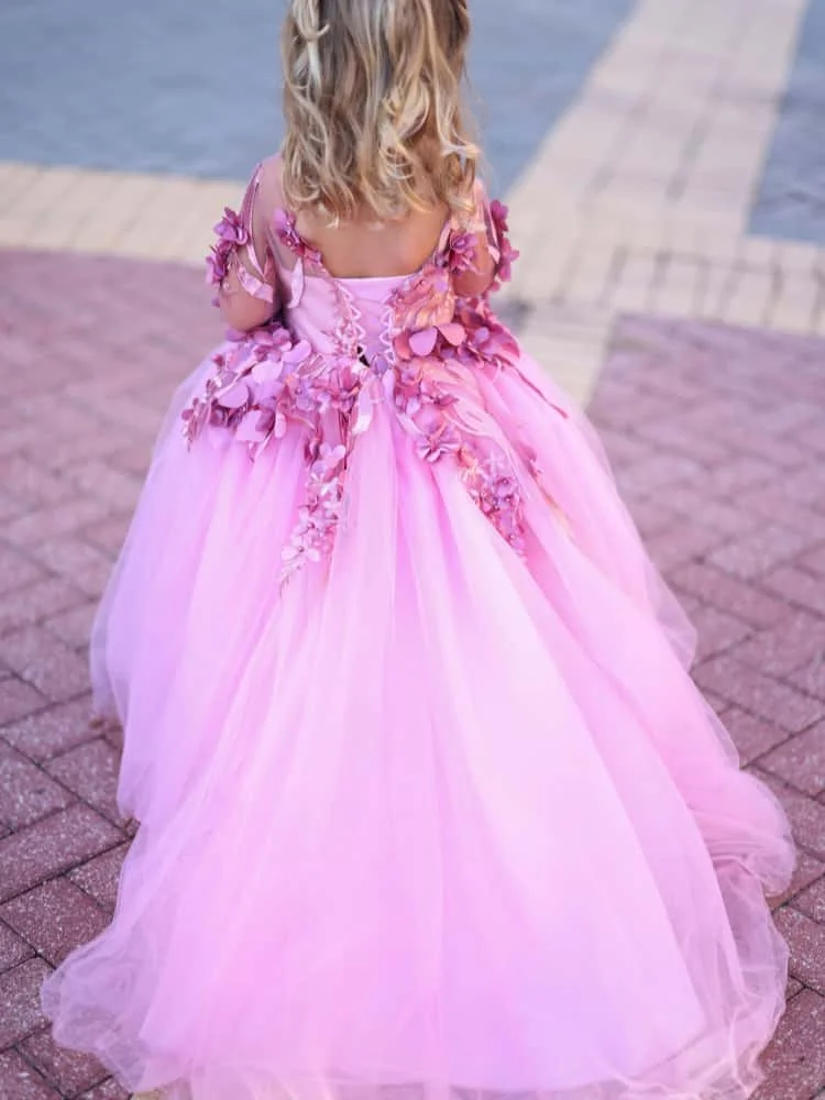 Custom Flower Girl Dress Illusion Mesh Long Sleeve Handmade 3D Gradient Floral Appliques Multi-Layer Soft Tulle Floor Length
