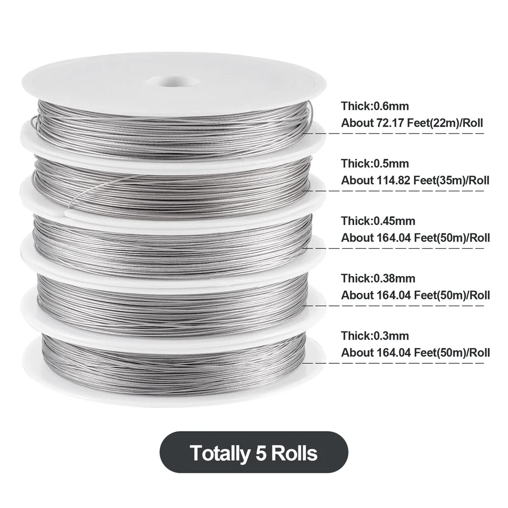 5 Rolls 5 Sizes Tiger Tail Wire Stainless Steel Original Color for Bracelet Necklace Making 0.3mm 0.38mm 0.45mm 0.5mm 0.6mm