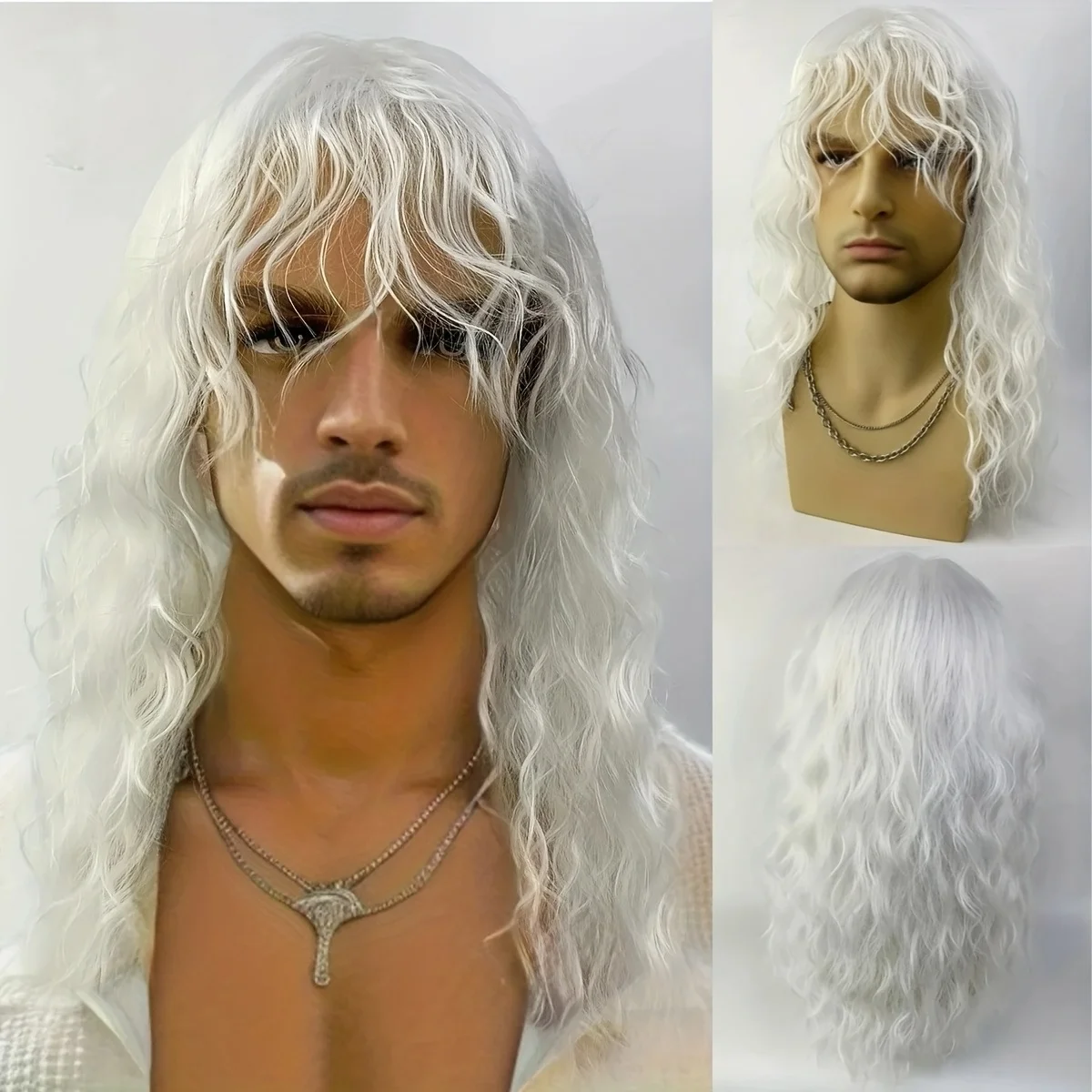 

Men's White Curly Wig with Bangs – Natural Water Wave Synthetic Hair for Cosplay, Halloween & Daily Wear – Adjustable Cap (Rolep