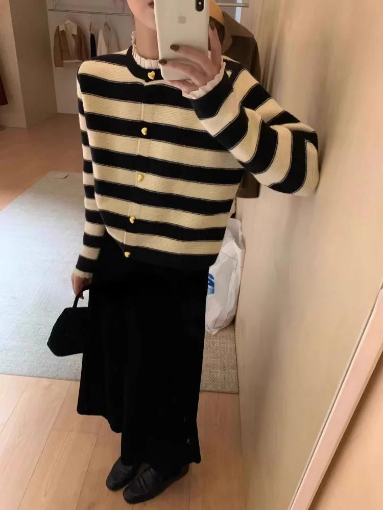 Deeptown Korean Style Striped Knit Cardigans Elegant Youthful Woman Office Wears Sweaters Vintage Classic Female Outerwears