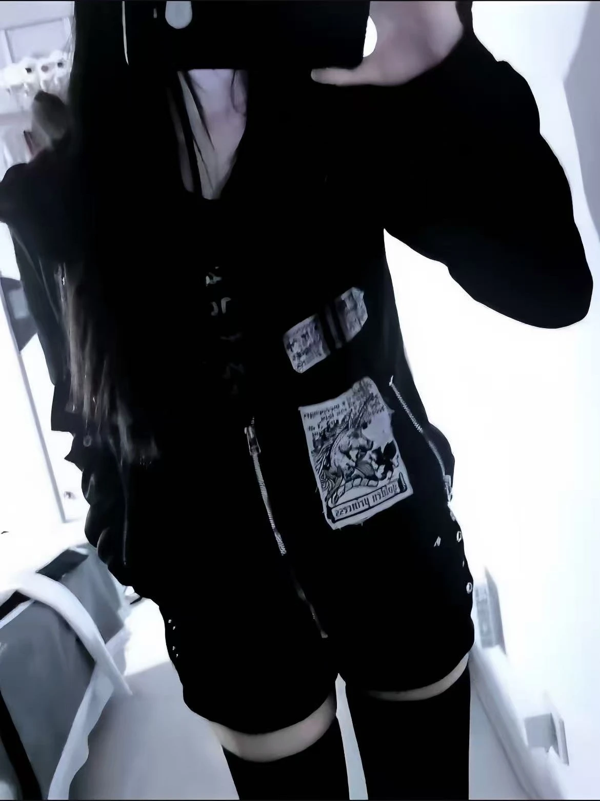 Vintage Newspaper Patchwork Hooded Zip Jacket WomenGothic Darkwear Multi Zipper Pocket Sweatshirt Y2K Emo Indie Punk Street Coat