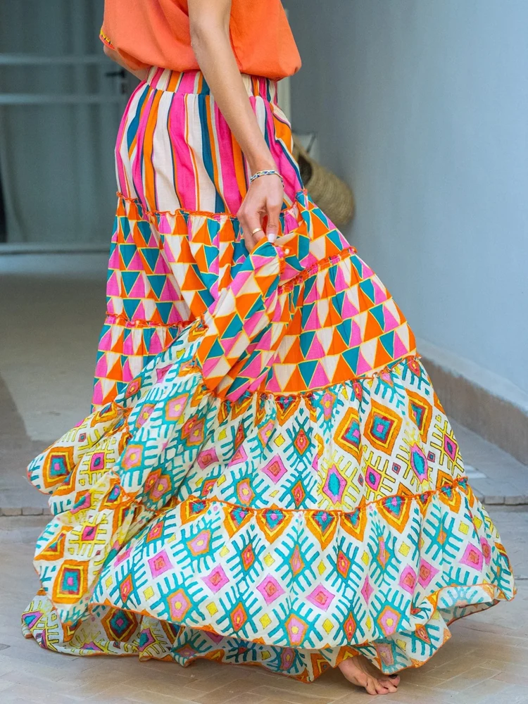 

Jastie 2022, осенняя новая длинная юбка с ретро-принтом, большая распашная юбка с рюшами, женская праздничная повседневная пляжная юбка в стиле бохо, женская юбка трапециевидной формы