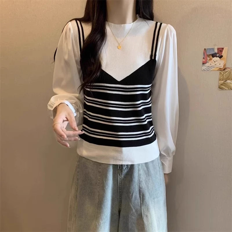 T-Shirts Women Striped Fake 2pcs Trendy Chic Age-reducing Long Sleeve Korean Fashion All-match Spring Students Casual Daily Ins