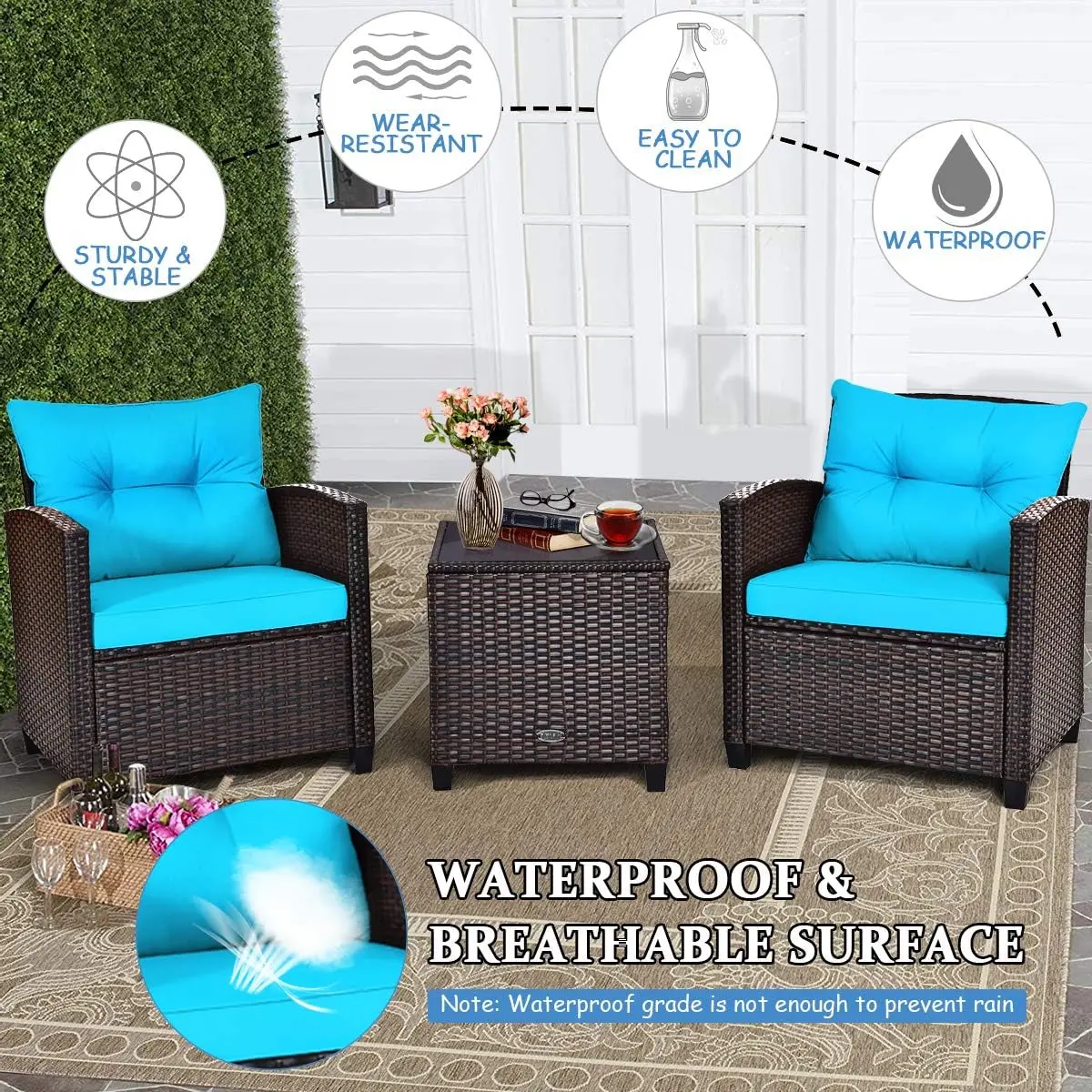 Outdoor Patio Furniture Set, PE Rattan Wicker Sofa com almofada lavável e mesa de café, Tabletop de vidro temperado, 3Pcs