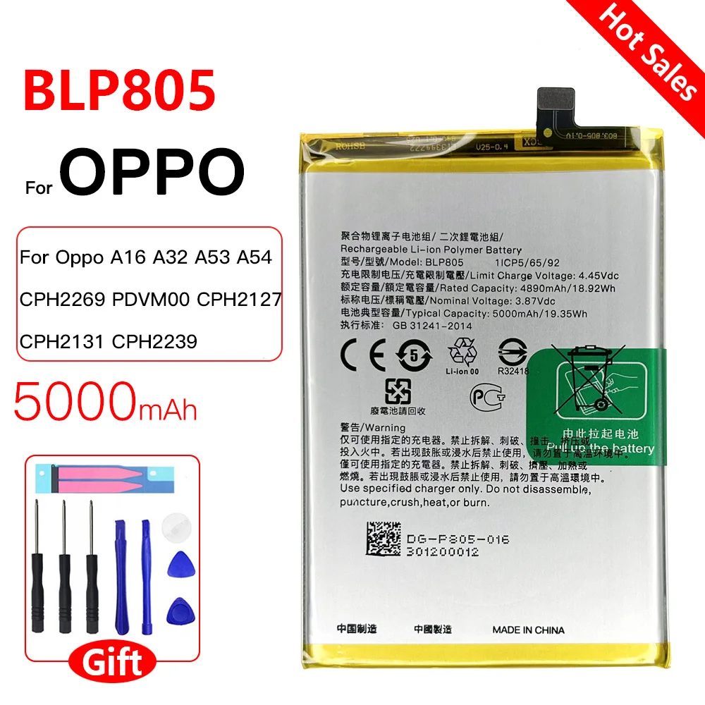

Genuine BLP805 Original Battery For Oppo A16 A32 A53 A54 CPH2269 PDVM00 CPH2127 CPH2131 CPH2239 rechargeabel batteria+free tools