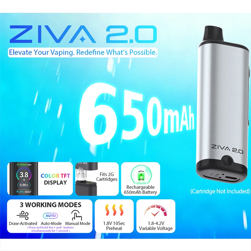 Original Yocan Ziva 2.0 Vaporizer Mod 650mAh Battery LCD Color Display Variable Voltage 1.8-4.2V For 510 Thread Cart E-Cigarette view 2