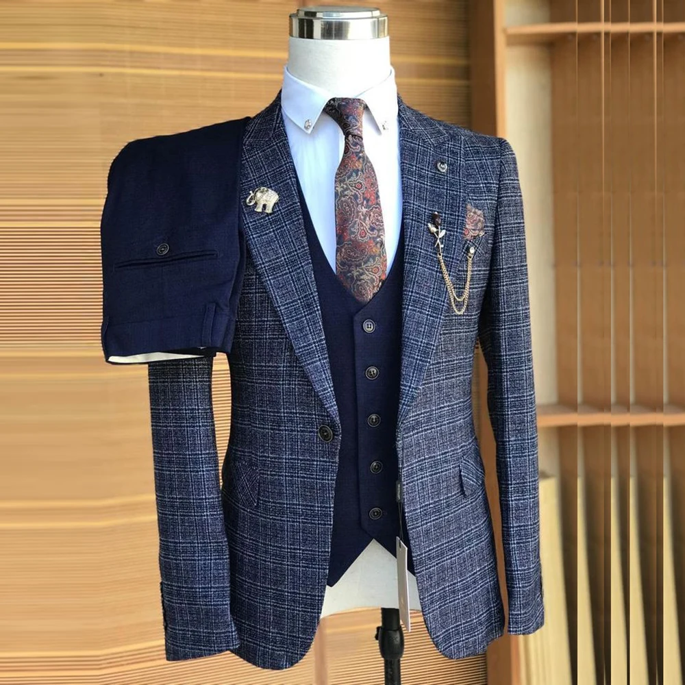 Classic Plaid Men's Suits Peak Lapel Single Button Male Blazer Vest Navy Blue Pants Sets Formal Slim Fit Business 3 Pieces Set