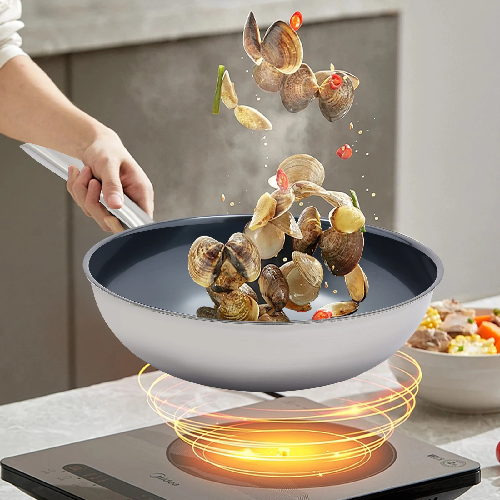 11.8In Wok Wear Resistance Traditional Pan with Practical Lid Large Capacity Metal-Free for Frying/Stewing/Steaming/Boiling