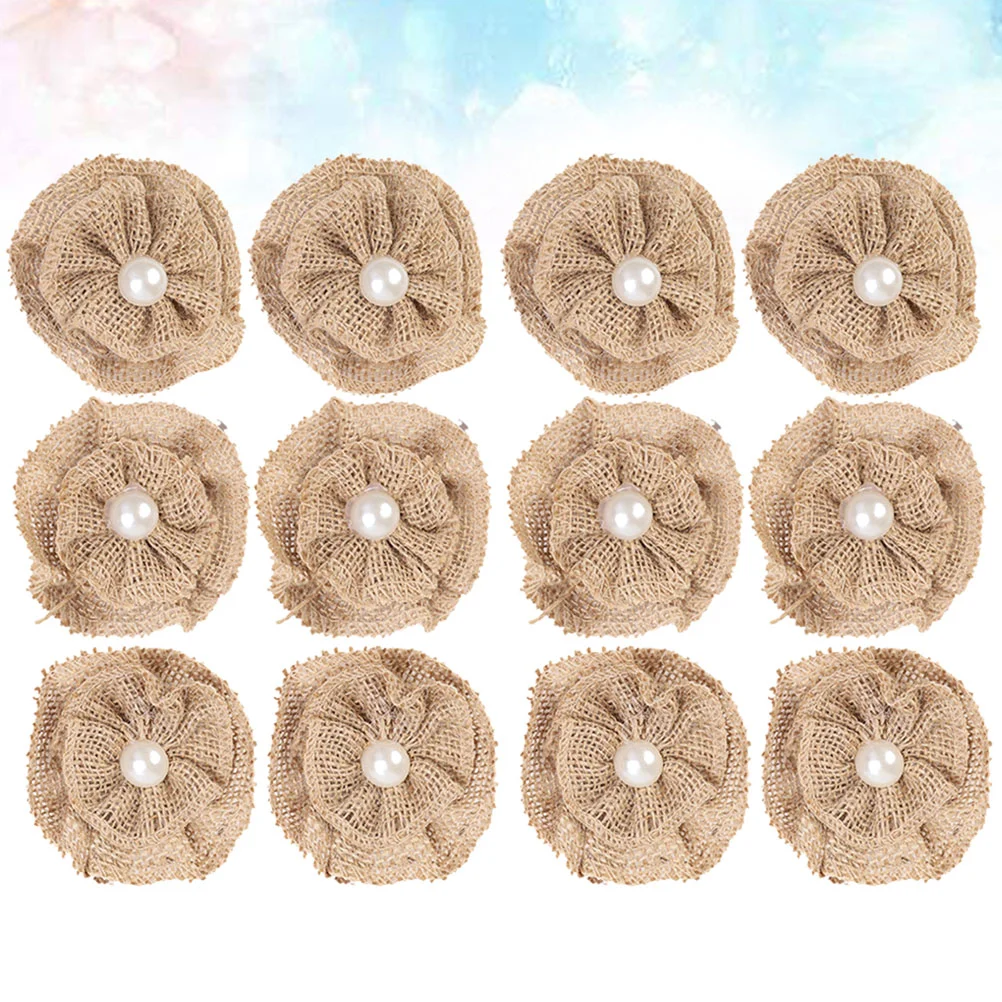 

12pcs A Set Plain Jute Flower with Pearl Decorative Handmade Rough Texture Garment Accessories for Wedding Party DIY Craft