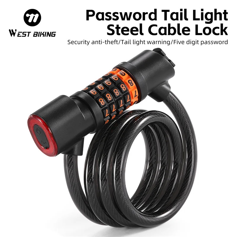 

WEST BIKING Motorcycle Lock with Tail Light 5 Digit Password Steel Cable Lock Portable Lock for Safe Night Cycling Accessories