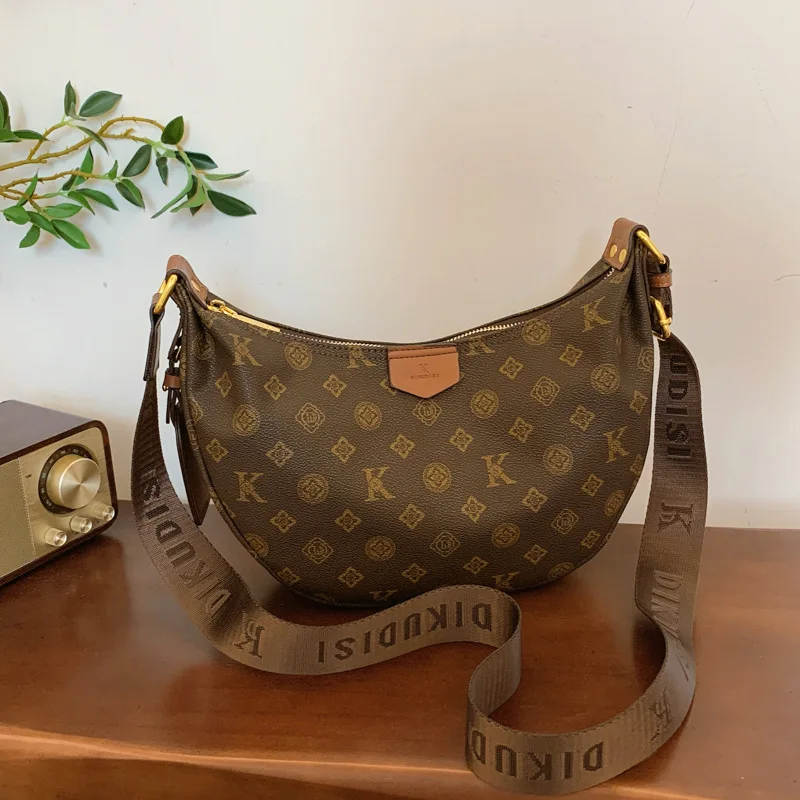 Classic Vintage Monogram Hobo Crossbody Bag, Trendy Versatile Shoulder Handbag with Wide Printed Strap