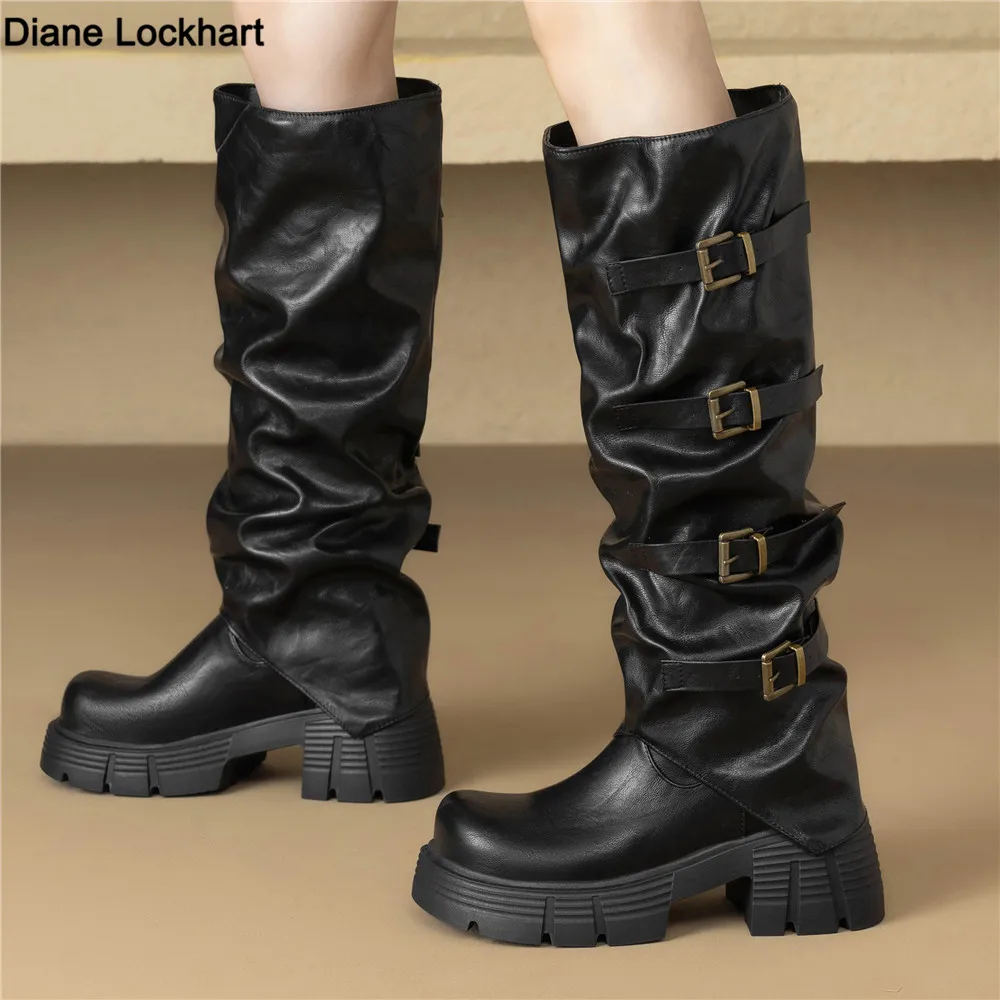 

Women's Platform High Boots Spring 2026 Fashion Designer Knee-High Chelsea Shoes with Buckle Brand Party Boots Black Brown
