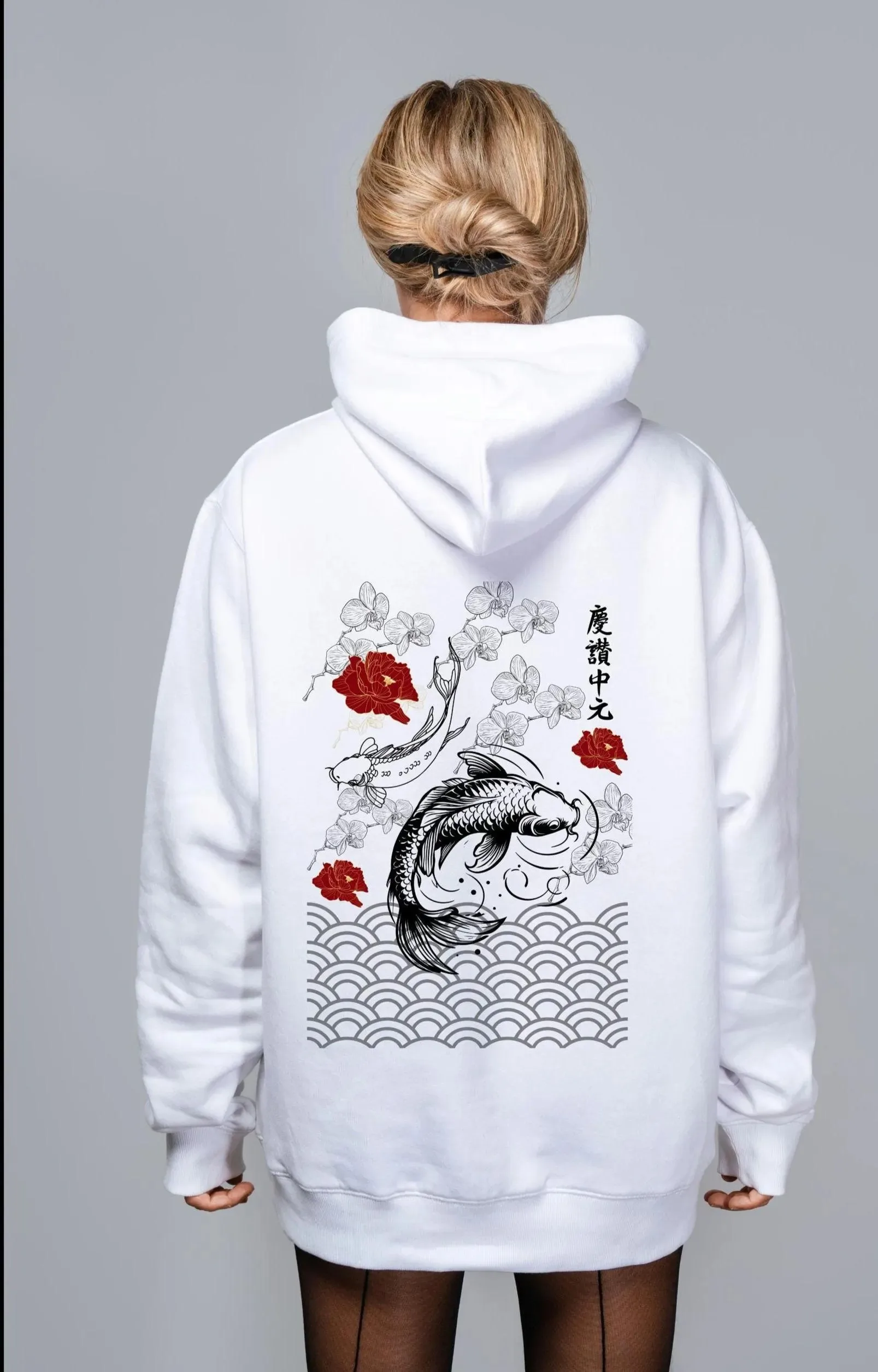 

Autumn and Winter "Japanese Koi Elegance" Art - Trendy Cotton Hoodie, Stylish Oriental - Aesthetic Sweatshirt
