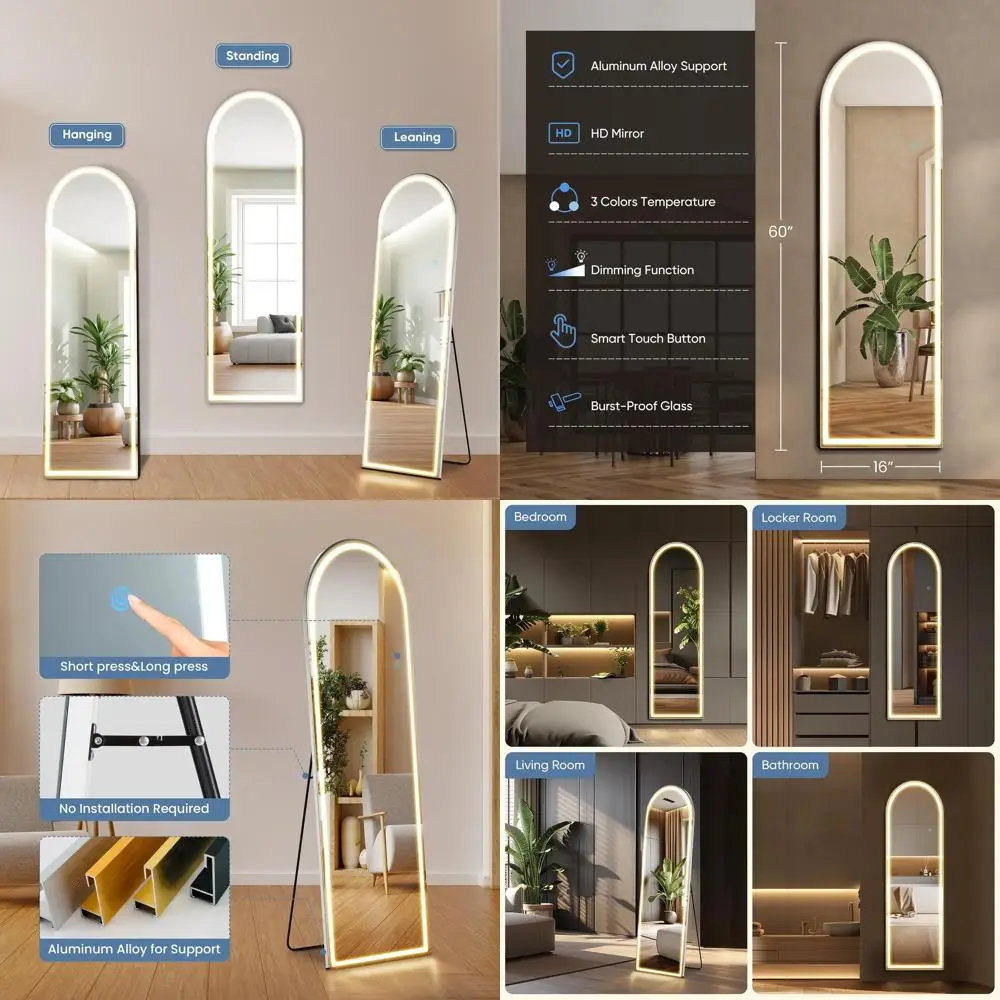 LED 조명 바닥 스탠딩 아치 거울, 15.7x59.8, 3가지 색상 조명, 침실, 드레스룸, 거실, 욕실에 적합