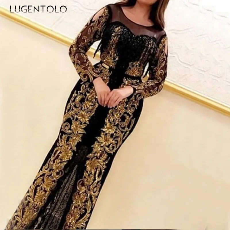 Women Sexy Party Dress Sequins Lace Long Sleeve Round Neck Elegant Summer New Empire Sheath Floor-Length