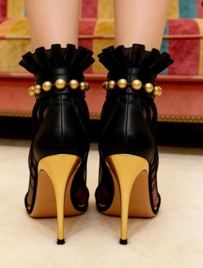 

Pointed Toe Mesh Red Color-blocked Version Women's High Heels Metal Sphere Decoration Luxury Ankle Boots Banquet Women's Shoes