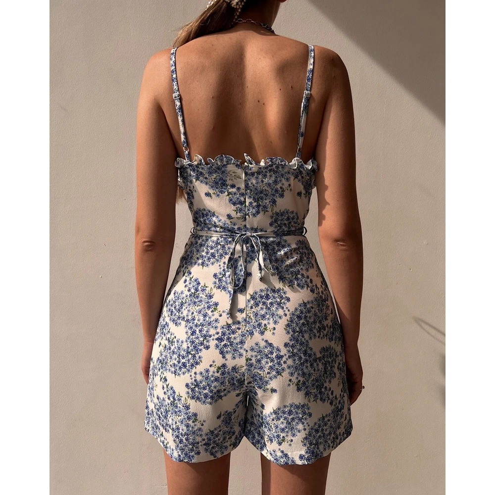 Frill feminino estampado floral ruched macacão, roupas femininas casuais, detalhe amarrado, alça de espaguete, streetwear sexy, roupa de festa, verão