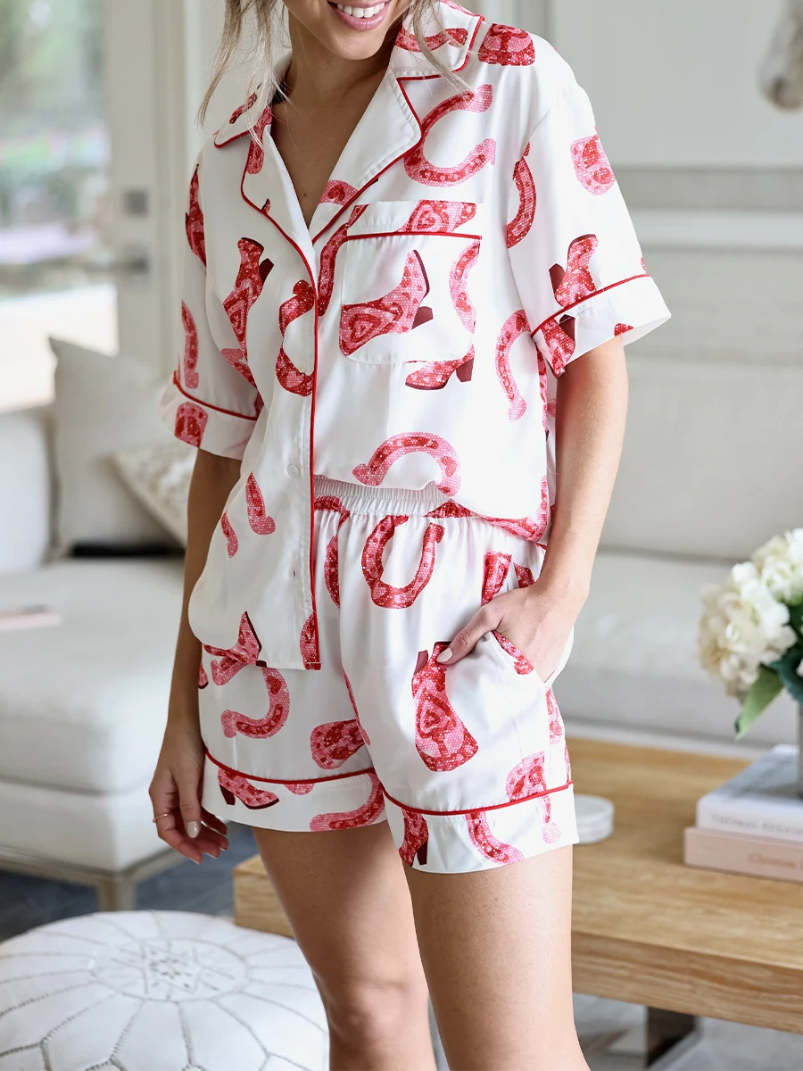 Women Pajama Set Heart Boots Print Short Sleeve Button Closure Shirt with Shorts Sleepwear Loungewear