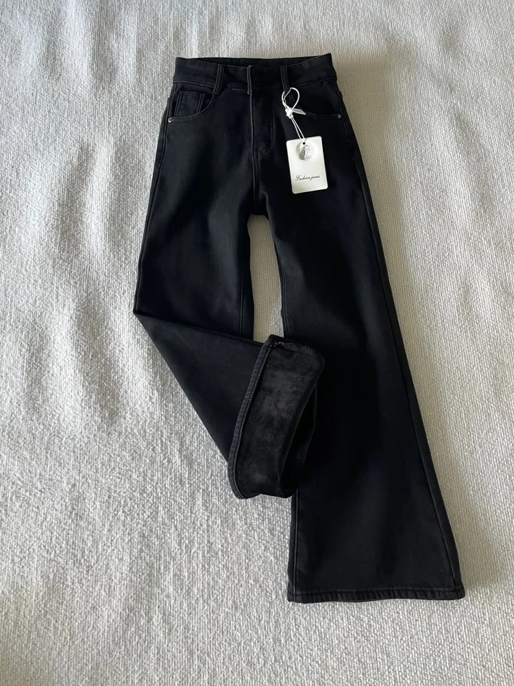 

Расклешенные джинсы с высокой талией, женские осенне-зимние свободные утягивающие джинсы на подкладке, большие размеры, эластичные прямые широкие брюки