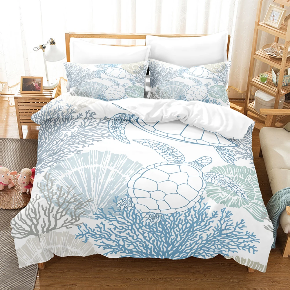 

Coastal Theme Bedding Set 3D Printed Sea Turtle Starfish Coral Seashell Duvet Cover Set Soft Single Twin Double Queen King Size