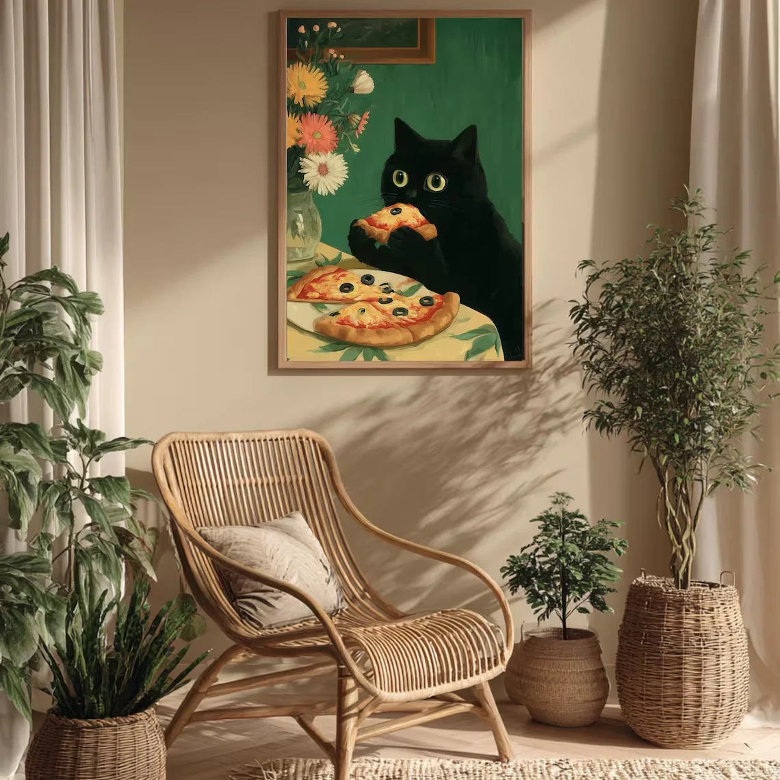 Canvas Painting Wall Picture Black Cat Art Funny Kitchen Decor Cute Cat Illustration Playful Food Lover Poster Home Dining Room