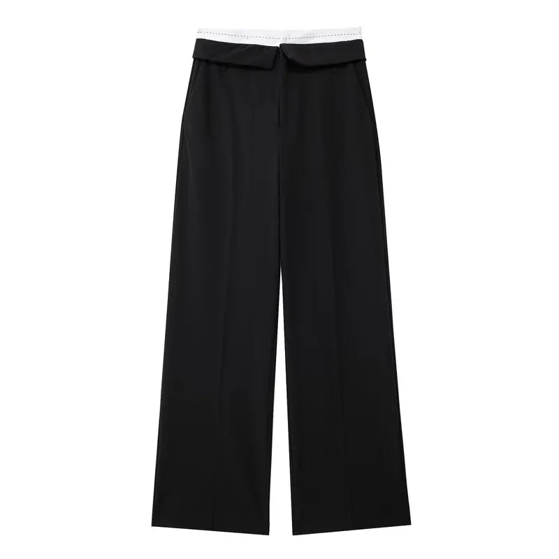 

High Waist Decorative Stitching Cuffed Long Pants Women's Faion Summer 2024 Commute Sle Regular Thin High Waist
