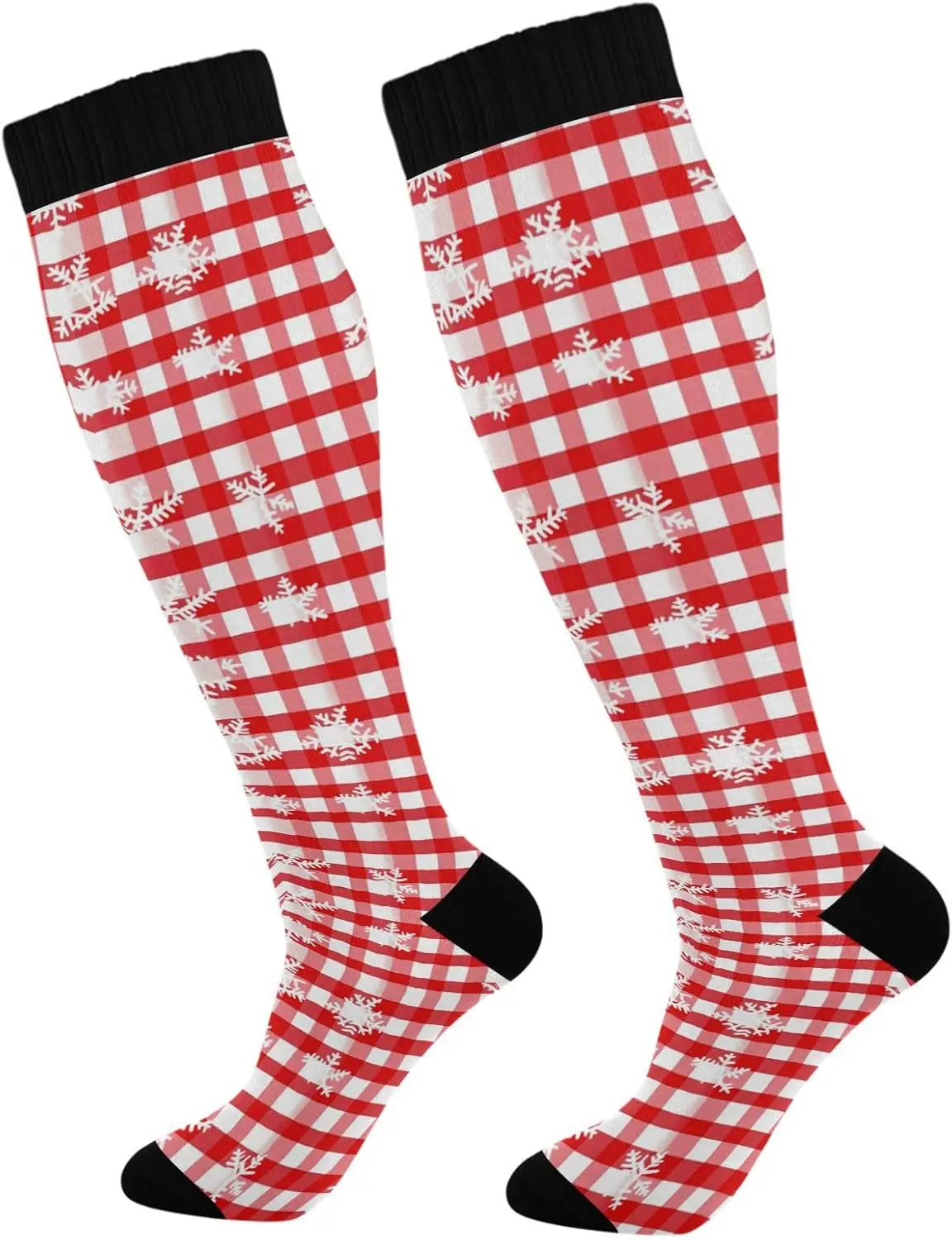 Snowflakes Checkered Christmas Compression Socks for Women Men, Circulation Long Knee High Socks Casual Stocking Tube Sport Sock