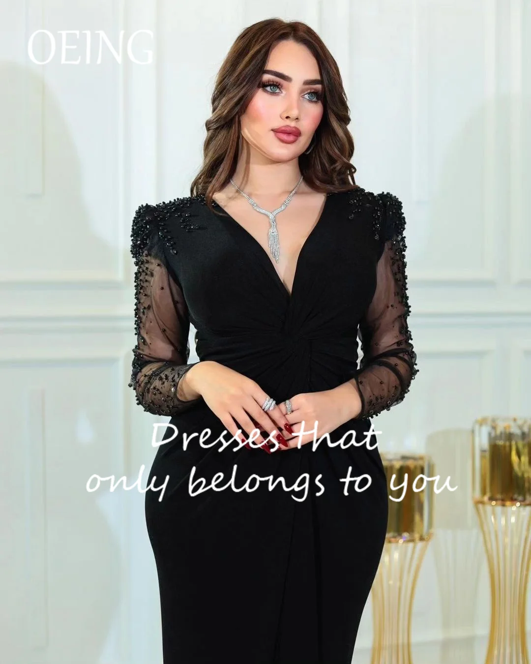 V-Neck Customized Garden Evening Dresses Appliques Plears Sleeves Formal Birthday Floor Length Elegant Prom Gown Party Women