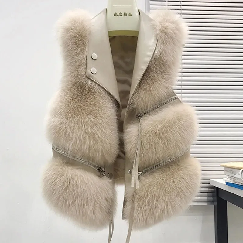 

Soft Faux Fur Coat For Women 2025 Fashion PU Patchwork Sleeveless Coat Outerwears Slim Solid Fur Vest Jacket