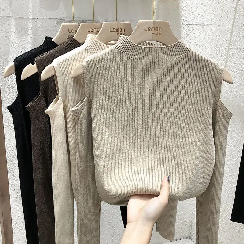 봄 가을 새로운 솔리드 컬러 하프 하이 포레스트 긴 소매 스웨터 여성 하이 스트리트 오프 숄더 풀오버 우아한 슬림 탑