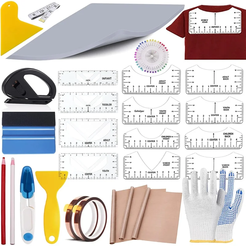 

【ПОДАРОК】Набор инструментов для сублимационной рубашки для выравнивания винила, силиконовая термопресс-подушка, руководство по линейке для футболки для винила HTV, ремесло