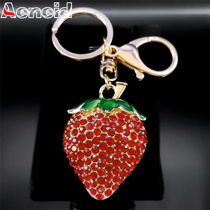 Strawberry Red Crystal Key Chain for Women Alloy Rhinestone Fruit Cute Car Key Holder Accessories Jewelry K9239S04