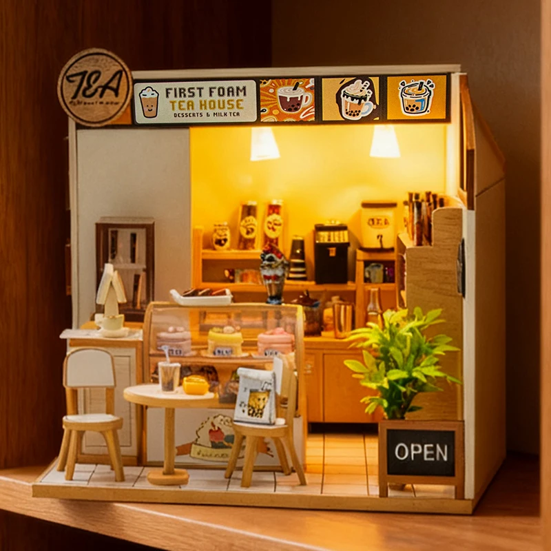 مجموعة نماذج مصغرة لبيت الشاي من الإسفنج الأول الخشبي DIY مع أضواء LED لبيت الدمى مع أثاث لهدايا عيد ميلاد الأصدقاء #2