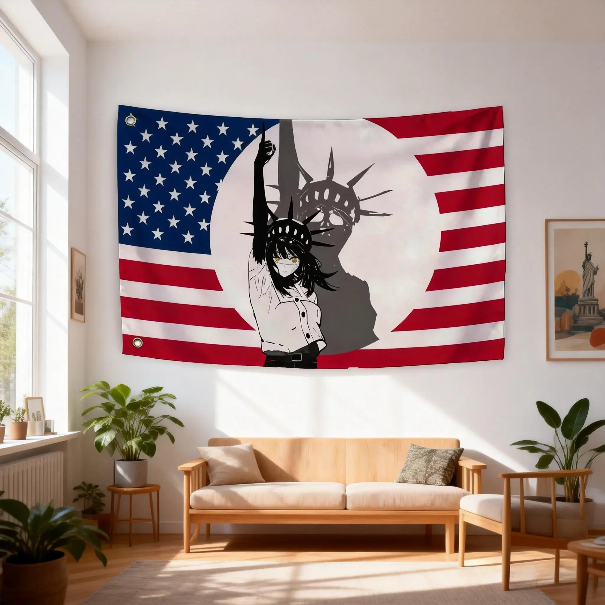 C-Chainsaw M-Man Anime Yoru Statue of Liberty Silhouette Flag Garage Decoration for Bedroom Outdoor Decor Flaga Barber Shop Room