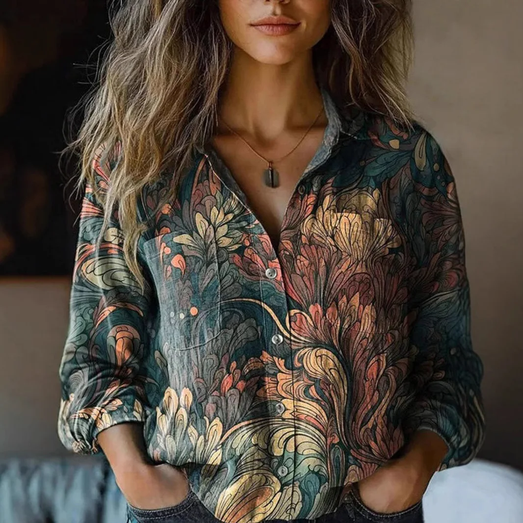 

Women's clothing retro floral double pocket shirt printed v-neck shirt casual large size top fashionable simple temperament eleg