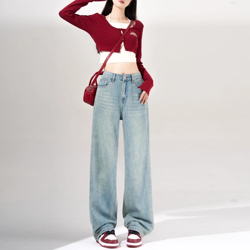 Casual Straight Loose Women Jeans 2024 Summer New Wide Leg Trousers Chic Retro Baggy Denim Pants Fashionable Versatile