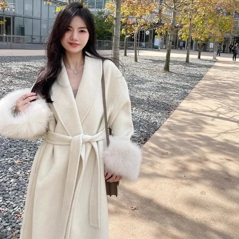 Nieuwe Natuurlijke Vossenbont Dikke Dubbelzijdige Wollen Jas Vrouwelijke Korte Herfst Winter Losse Lace-up Wollen Jassen Damesmode Overjassen