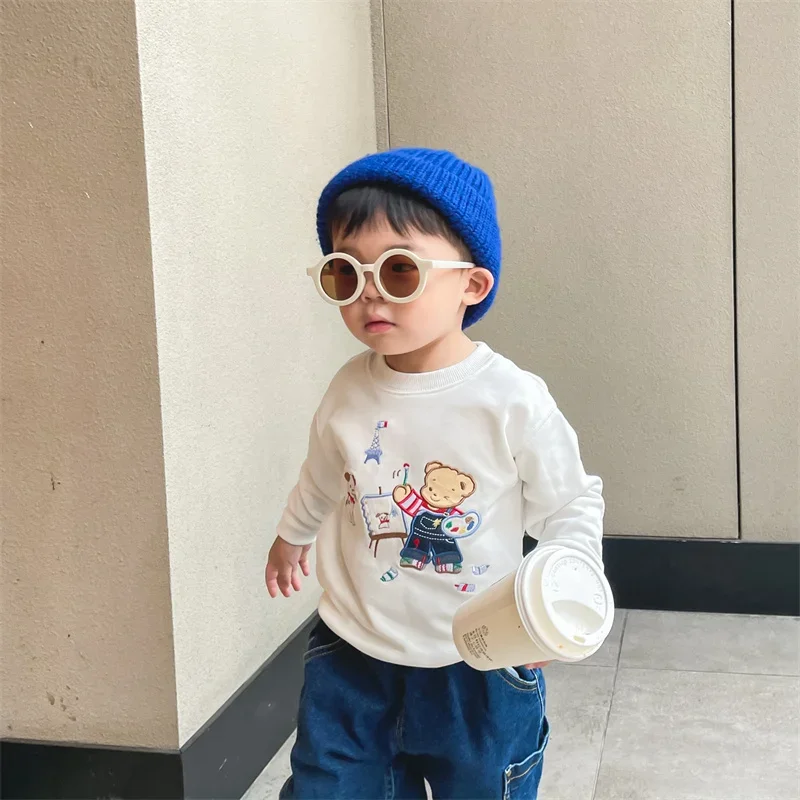 Familiar Boy Hoodie Long Sleeved Cotton Children Little Painter Cartoon Bear Suitable Height 90cm-130cm Tops