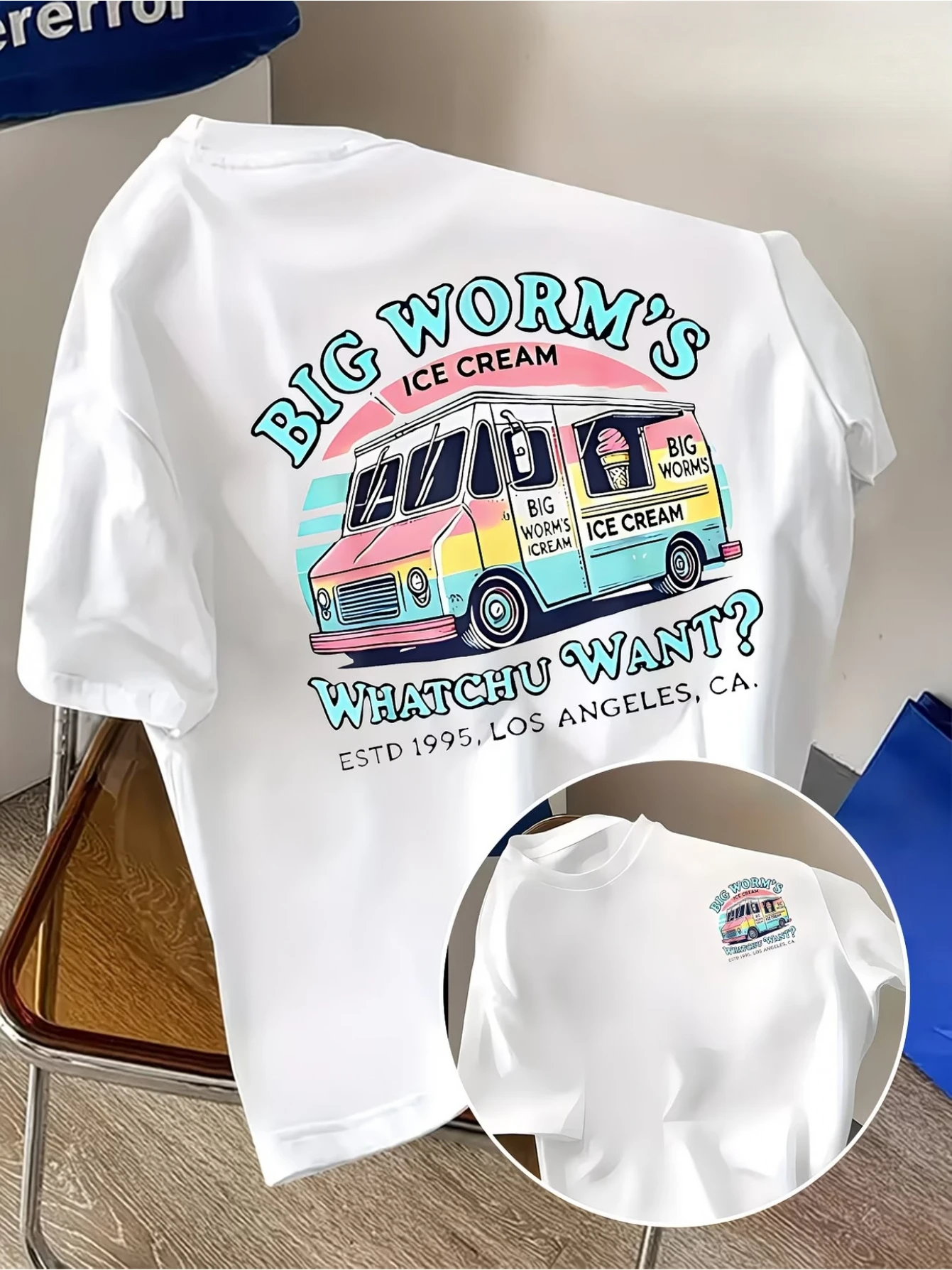 Men's Fashion Casual Crew Neck T-Shirt - BIG WORM Ice Cream Truck Print Short Sleeve Tee, American Vintage Dopamine Outfit, Gift for Friends, Suitable for Family Gatherings, Casual Sports Fashion, Trendy Fitness, Outdoor, and Home Wear Short Sleeve