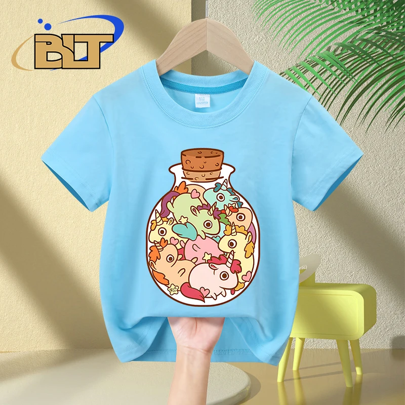 Bottle of Unicorns cartoon print kids T-shirt summer children's cotton short-sleeved casual tops for boys and girls