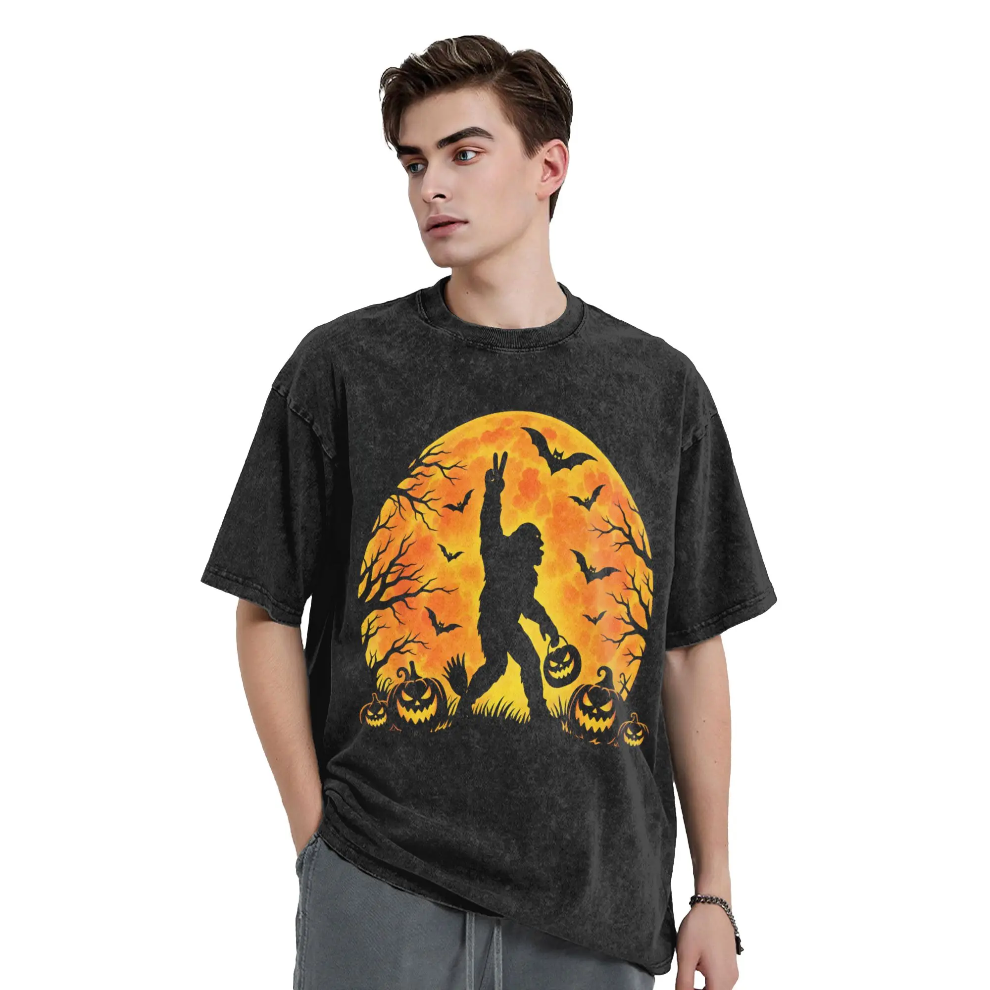 Peace Sign Bigfoot Halloween Spooky Pumpkin Full Moon Men's T Shirt Washed  Vintage Tees Short Sleeve Round Collar T-Shirts