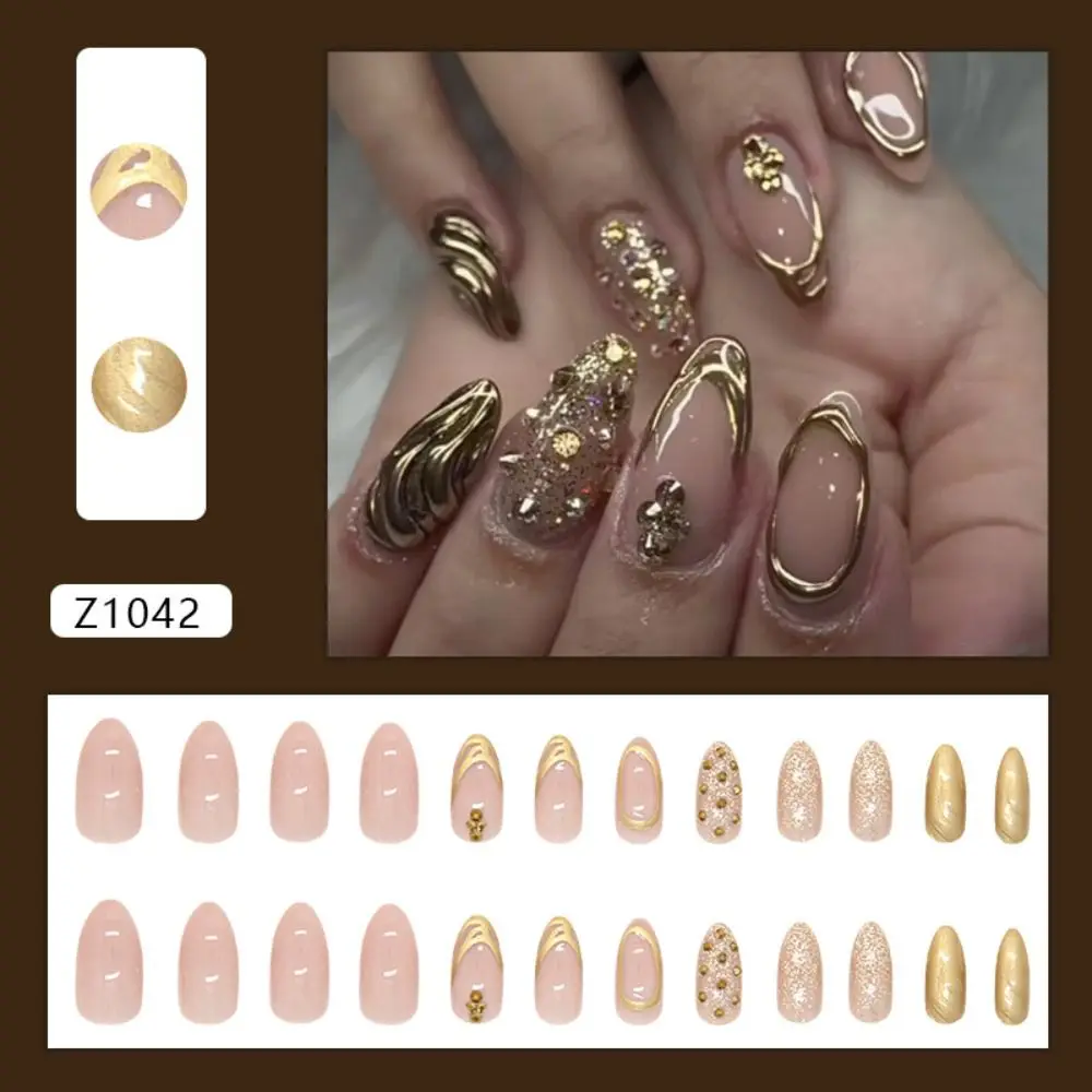 24pcs Long Almond False Nails Crystal Heart White Flower Shining Starburst Gold Bow Fake Nails Detachable French Nail Tips Women