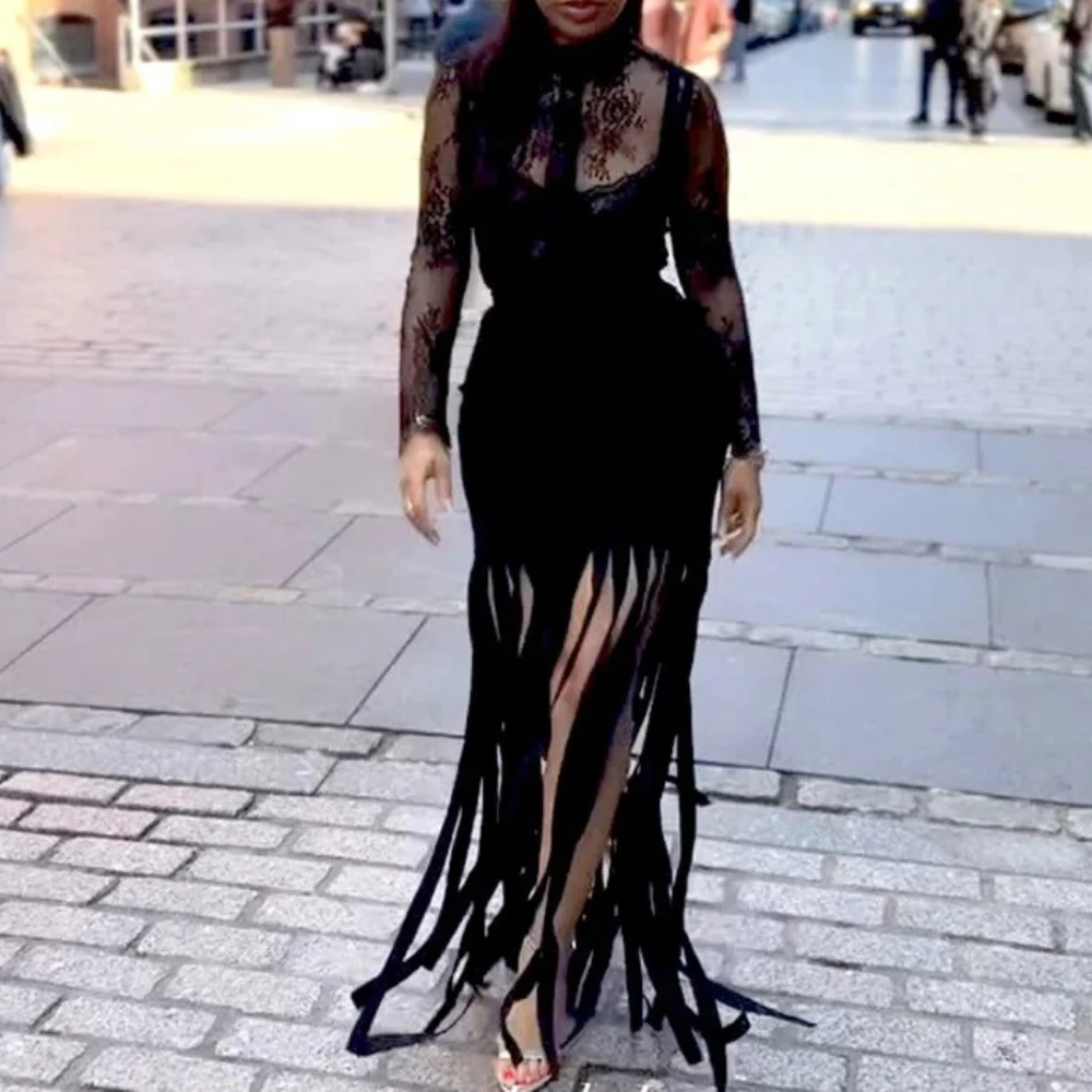 

Sexy See Through Mesh Lace Long Sleeve Shirts Top + Tassel High Waist Bodycon Maxi Skirts Women Fashion 2 Piece Set Party Suits