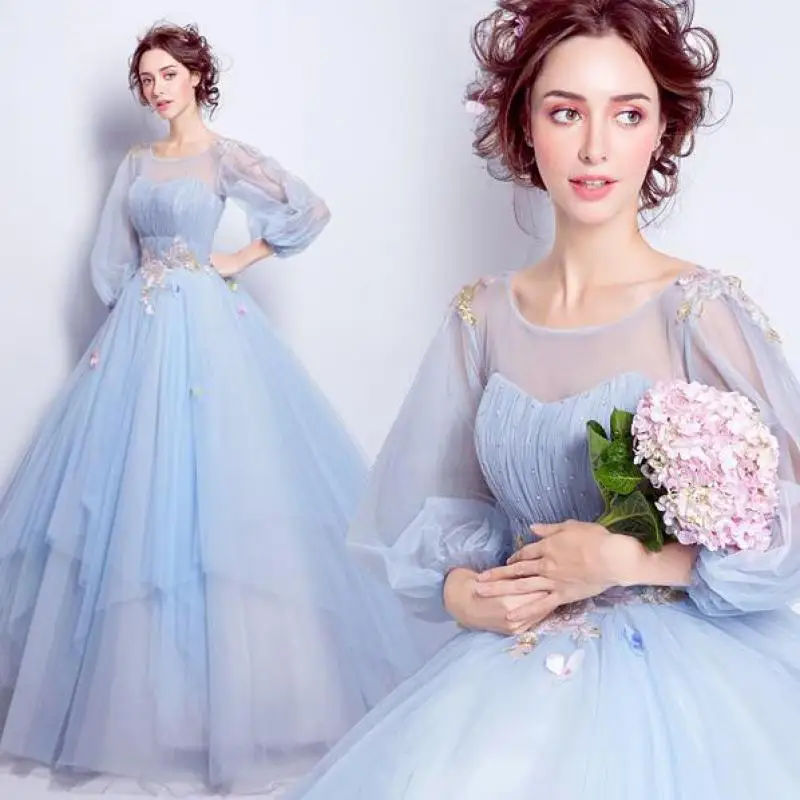 Vestidos Quinceanera azul claro, Mangas lanterna, Vestido inchado para o baile, Flor doce, Banquete de fadas, Sukienka Balowa, 2023, Ilusão, Novo